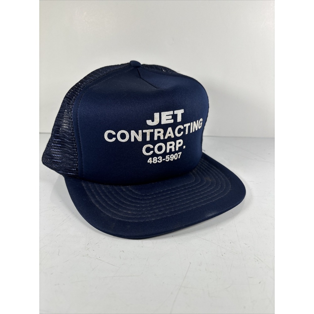 Vintage JET Contracting Snapback Trucker Hat Cap Foam Screen Print Lid Blue